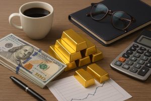 gold bars, cash, a notebook, and cup of coffee on a table